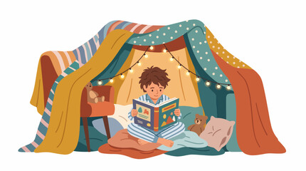 Fototapeta premium Cozy Blanket Fort Adventure: A young boy enjoys a quiet moment of imagination, reading a book inside a whimsical blanket fort adorned with fairy lights, a stuffed bear, and pillows.