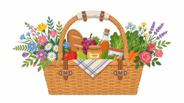 Abundant Picnic Basket: A charming woven picnic basket overflows with fresh produce, bread, and honey, adorned with vibrant wildflowers, inviting a delightful outdoor meal.