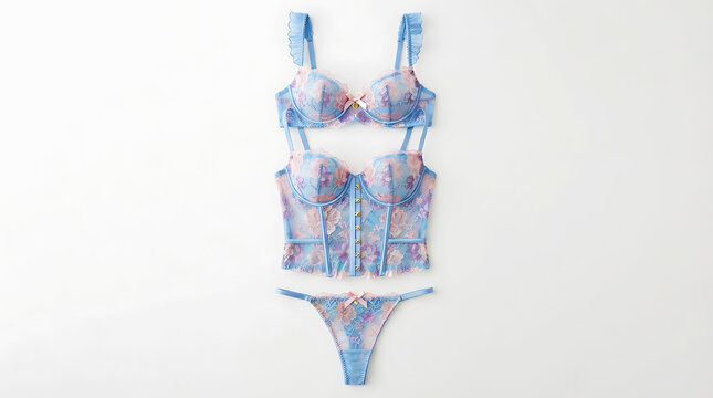 Blue floral lace bra and panties set on white background