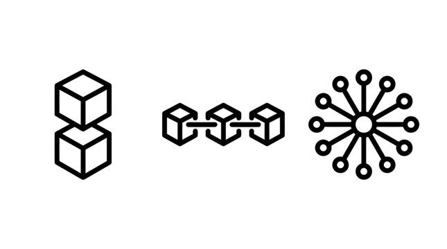 Set of blockchain and network connection line icons with blockchain connection technology cryptocurrency decentralized internet structure distributed communication infrastructure computing