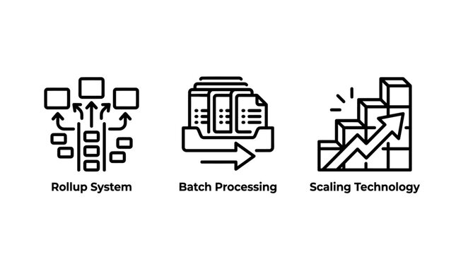 Rollup system and batch processing technology icons with processing technology database infrastructure management optimization automation computing development software workflow analysis