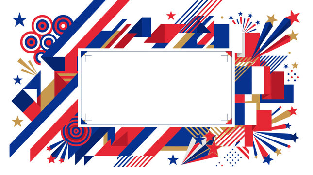 French National Day Bastille Day Celebration Greeting Card Template Background with Fireworks and Tricolor Flag Copy Space