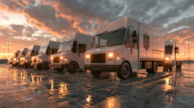 UPS delivery trucks lined up on wet pavement under a dramatic cloudy sunset sky.