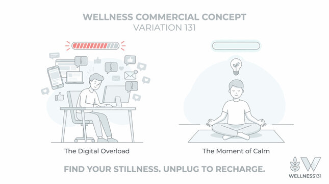 Digital Overload vs. Moment of Calm: A comparative illustration showcasing the stress of digital overload on the left, with a person overwhelmed by screens.