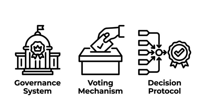Governance system voting mechanism and decision protocol linear icons with governance decision protocol politics democracy consensus management corporate administration leadership strategy