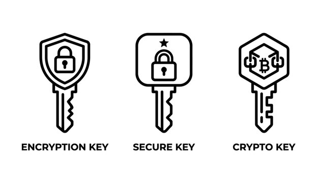 Encryption key secure key and crypto key security icons with encryption security blockchain protection cybersecurity password authentication technology information safeguard cryptography