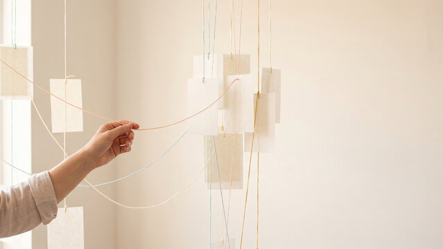 Idea Mapping and Thinking Concept with Hand Linking Blank Hanging Notes