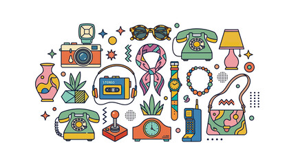 Naklejka premium Retro Vintage Objects Collection: Camera, Phone, Stereo, Sunglasses, Bag