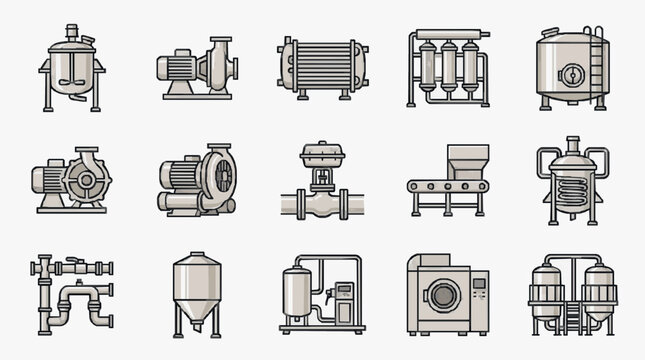 Corporate Set of Industrial Equipment and Machinery in Monochrome Line Art Style with high quality professional line art symbols for modern creative design and digital branding projects