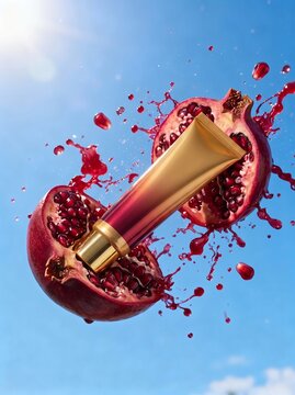 Luxury Pomegranate Skincare Bottle Emerging from Fresh Split Pomegranate with Ruby Juice Splash Against Bright Blue Sky Background