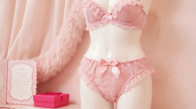 Pink lace bra and panty set on mannequin torso