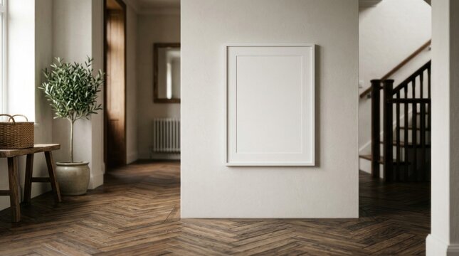 Empty white frame on partition wall in wooden floor room.