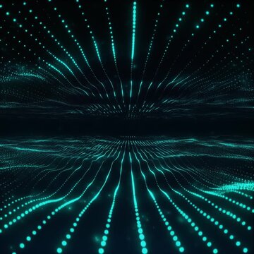 Teal and cyan glowing particles flow through deep matte black background with volumetric lighting, soft luminous trails and cinematic depth, creating premium technology branding aesthetic.