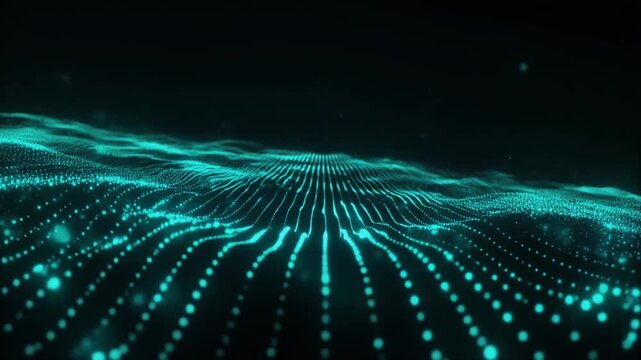 Teal and cyan glowing particles flow through deep matte black background with volumetric lighting, soft luminous trails and cinematic depth, creating premium technology branding aesthetic.