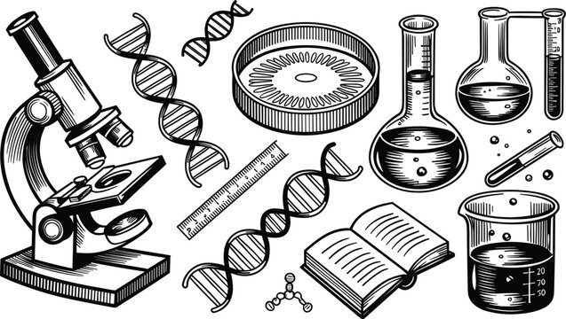 Vintage science lab woodcut element set vector illustration featuring microscope dna strands chemical flasks petridish and book drawings