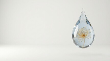 Fototapeta premium Clear glass water droplet with delicate flower seed inside on white background