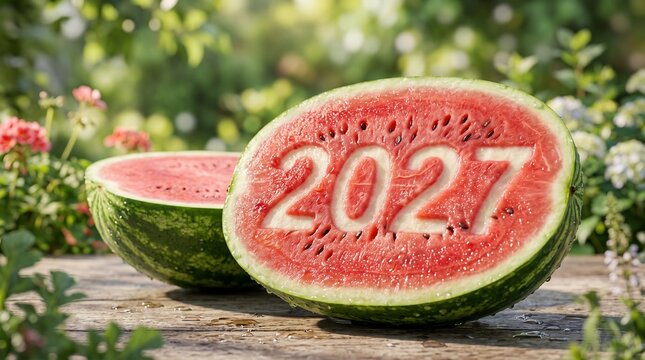 Juicy watermelon halves on a garden table in 2027