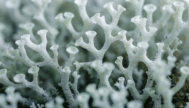 Extreme macro close up of reindeer lichen filling entire frame intricate branching white and gray coral like structure