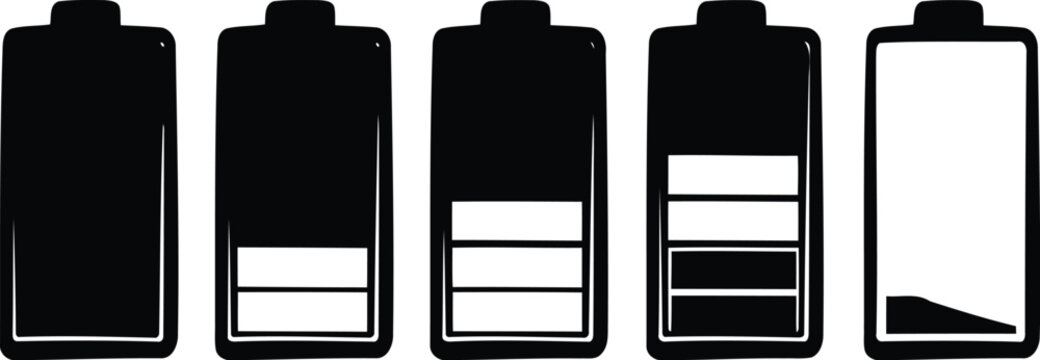 Five black and white battery icons showing varying levels of charge from full to nearly empty state
