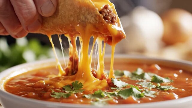 Hand dipping beef and cheese taco into bowl of hot tomato soup with cilantro