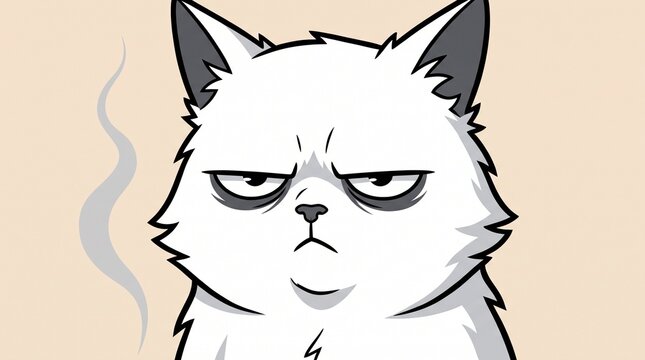 Grumpy and tired white cat cartoon character with angry expression and smoke illustration

