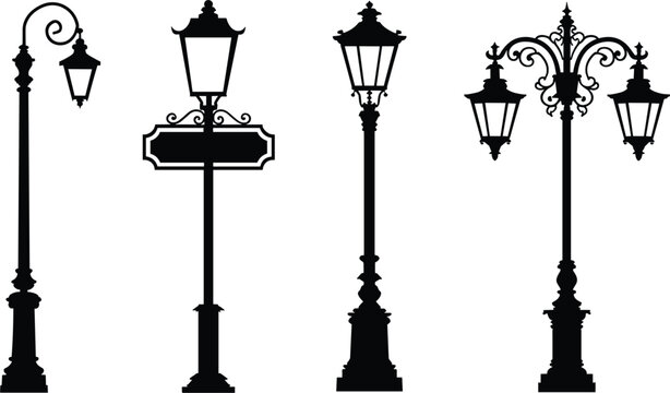 Vintage street lamp post silhouette set featuring decorative iron gas lanterns and classic city park light vectors