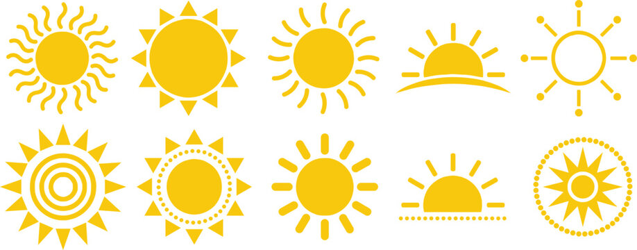 Set of ten yellow sun icons and weather symbols in flat style