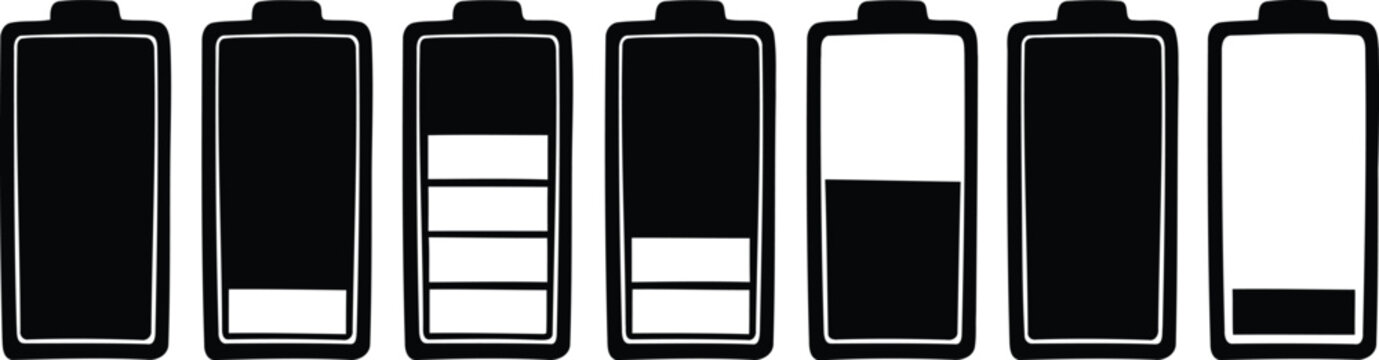 A series of seven battery icons showing varying levels of charge from completely full to empty.