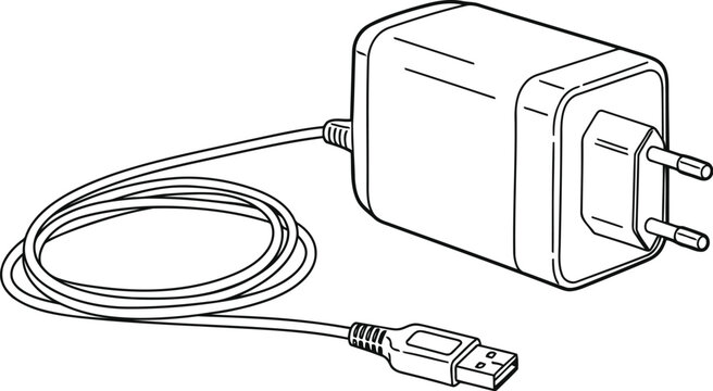 A simple black and white line drawing of a wall adapter power charger with a long usb cable cord