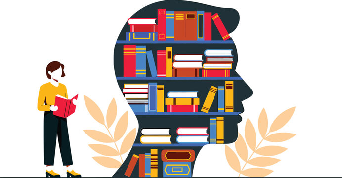 Woman reading textbook next to large profile silhouette containing multi colored bookshelf shelves for cognitive learning concept