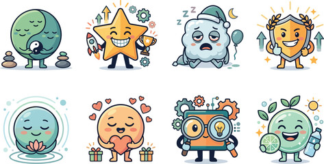 Obraz premium Cute Wellness Mascot Flat Illustration Set Featuring Mindfulness Motivation Health and Self Care Characters