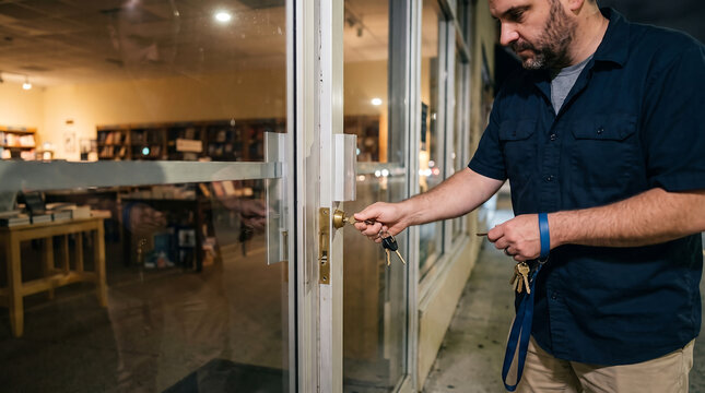 Man Opens Bookstore Door with Keys at Night