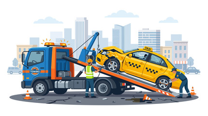 Naklejka premium Tow Truck Retrieves Damaged Taxi After City Accident
