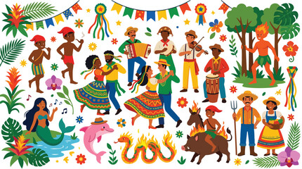 Fototapeta premium Vibrant Brazilian Festa Junina Celebration with Folk Characters Dancing Music and Nature Elements Festive Folkloric Scene