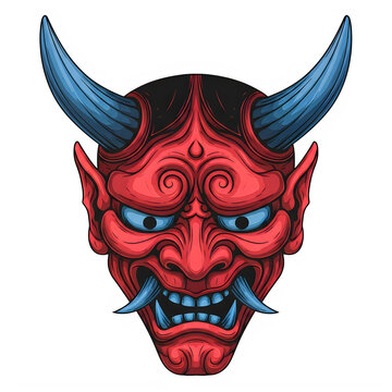 Red and blue demon mask with sharp teeth isolated on transparent background
