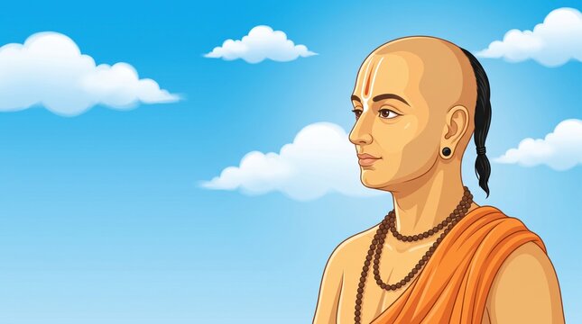 Portrait of chanakya the ancient indian philosopher and scholar against a bright blue sky with tulsidas jayanti