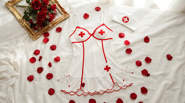 Red lace nurse costume with rose pattern on white