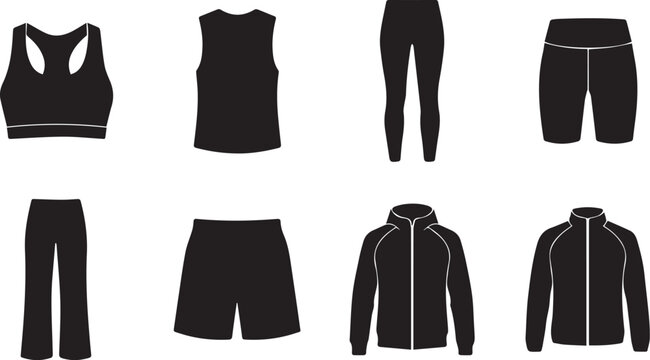 Collection of sportswear silhouettes featuring athletic apparel including hoodies, leggings, shorts, and activewear tops for fitness