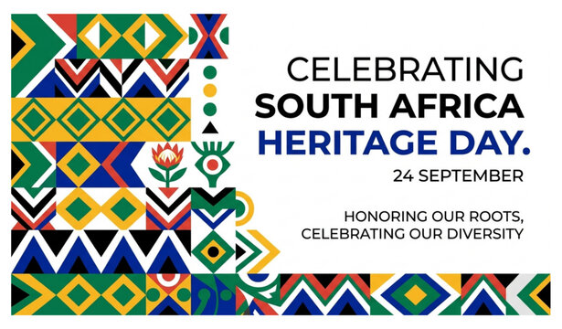 South Africa Heritage Day Geometric Pattern Banner with Colorful African Tribal Shapes Vector Template