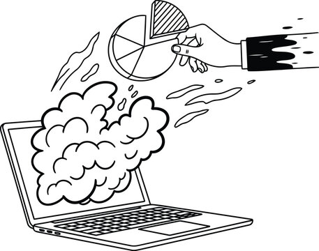 A hand placing a piece into a pie chart that is emerging from a smoking and broken laptop screen