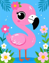 Naklejka premium A cute cartoon pink flamingo with large eyes and a flower on its head stands amidst colorful flowers against a bright blue background.