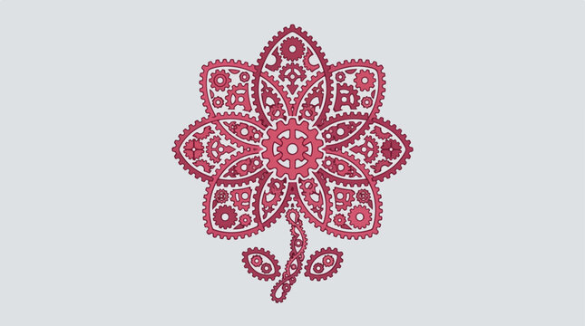 Intricate Pink Paisley Flower Motif with Stem and Leaves.