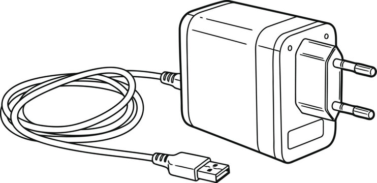 A simple black and white line drawing of a wall charger with an attached usb cable for power.