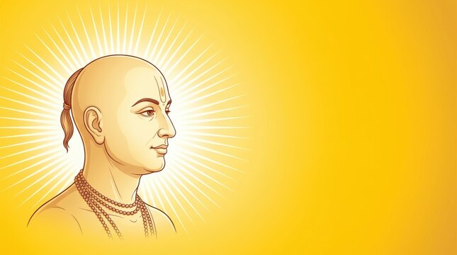 Side profile of chanakya ancient indian philosopher with glowing yellow tulsidas jayanti background, and beads