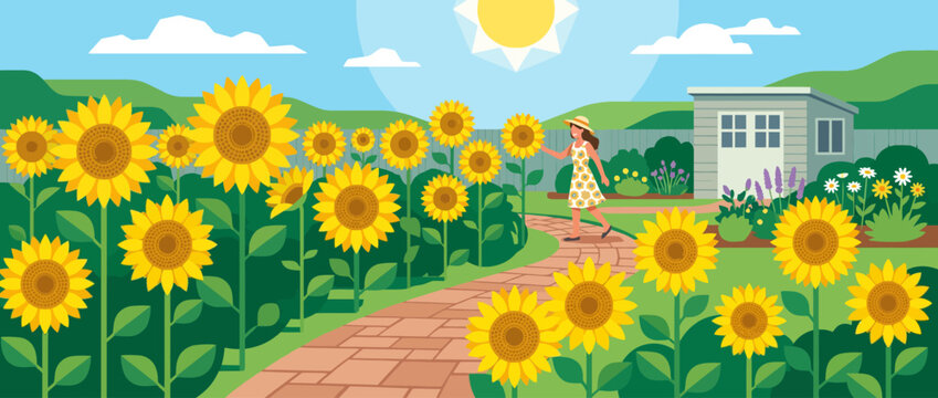 Woman Walking Through Vibrant Sunflower Field Near House.