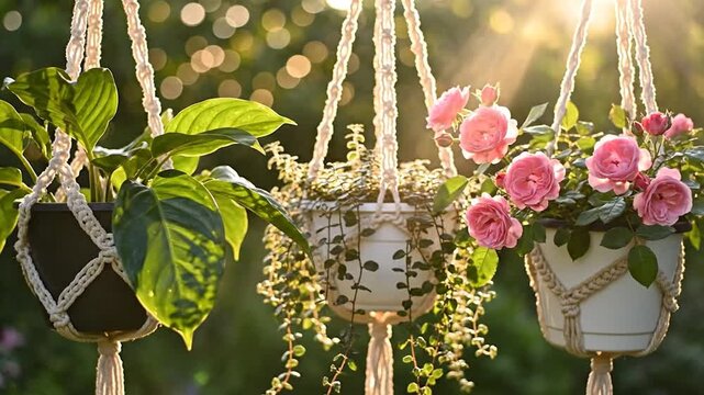Hanging macrame plant holders with pink roses and green foliage in a sunny garden during golden hour