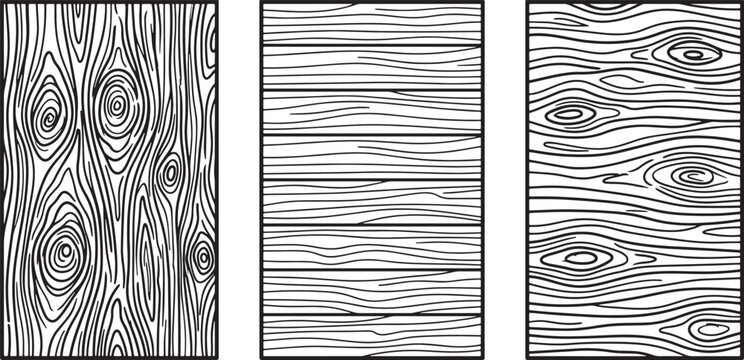 Set of three hand drawn wood grain textures with vertical and horizontal planks in black and white