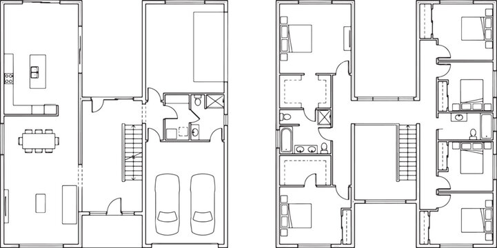 Two story residential house floor plan layout with ground and upper level architectural technical drawing vector illustration