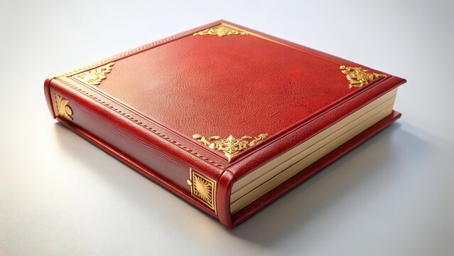 Red leather bound book cover with gold accents on white background