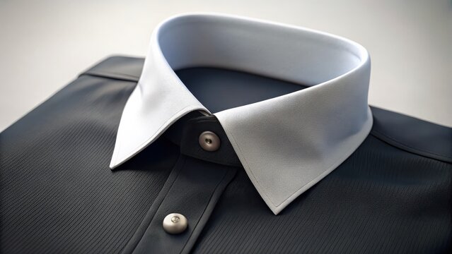 A black shirt with a white collar and buttons with a white background